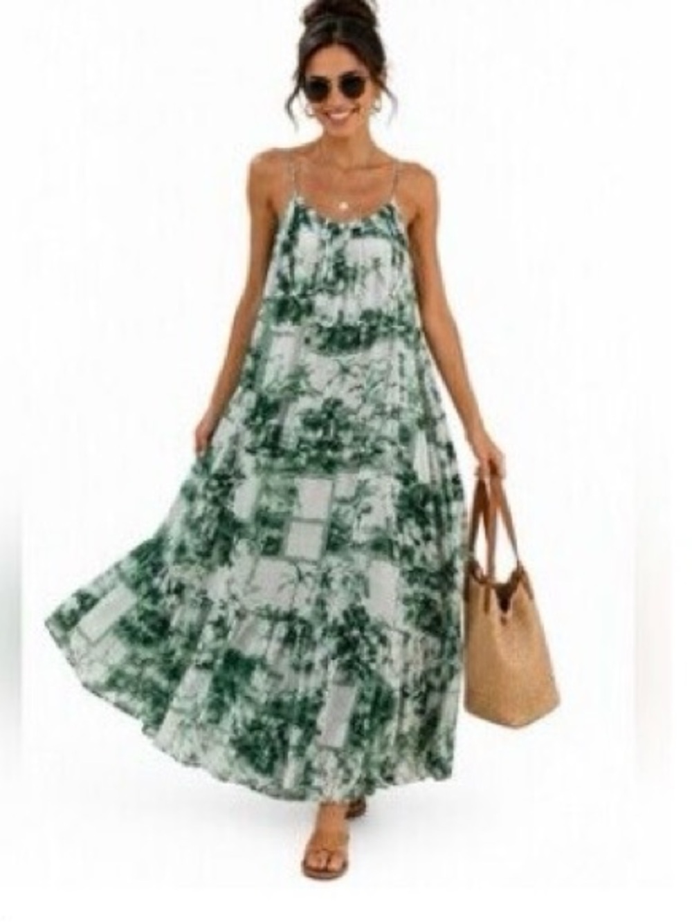 Anthropologie floral palm flowy sleeveless ruffle maxi dress white green XS - Picture 1 of 9
